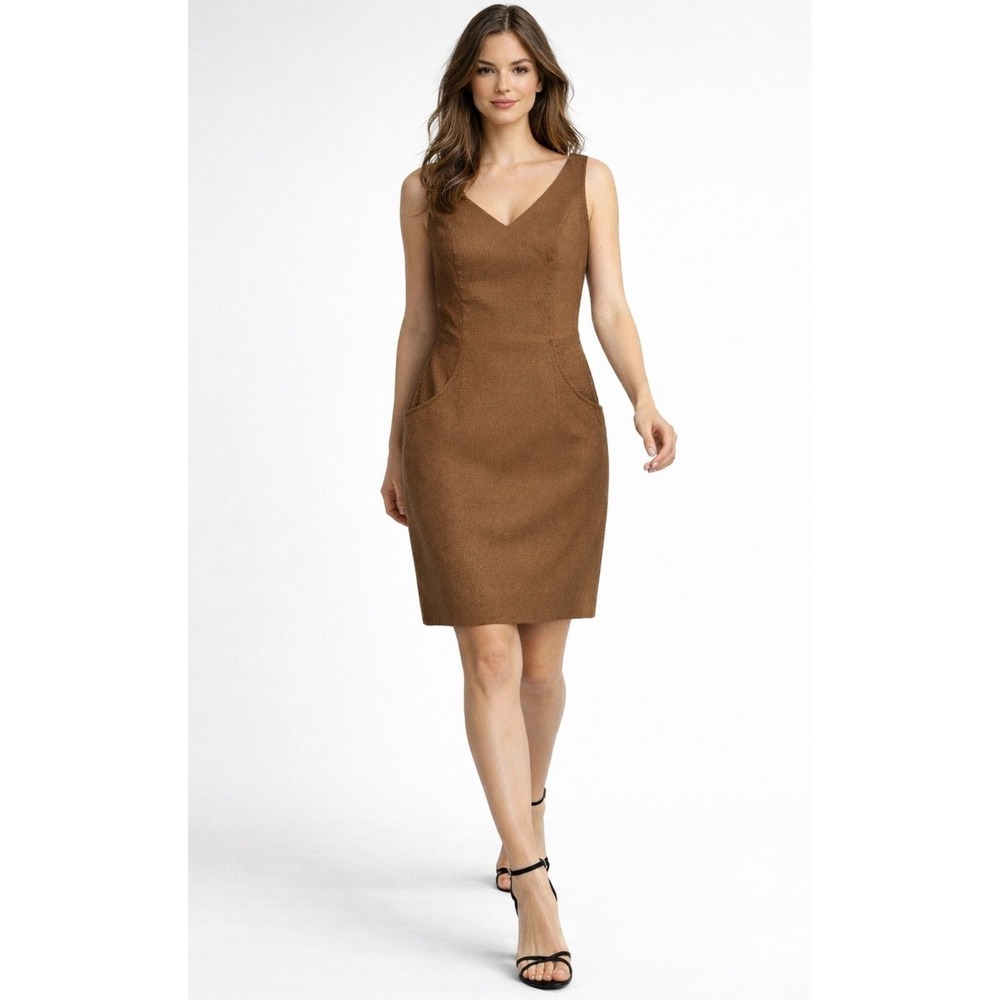 Lafayette 148 New York Brown Textured V-Neck Sleeveless Pockets Sheath Dress 12‎
